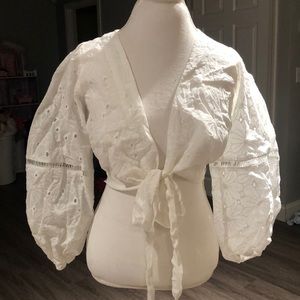 Tie-front white floral embroidered blouse